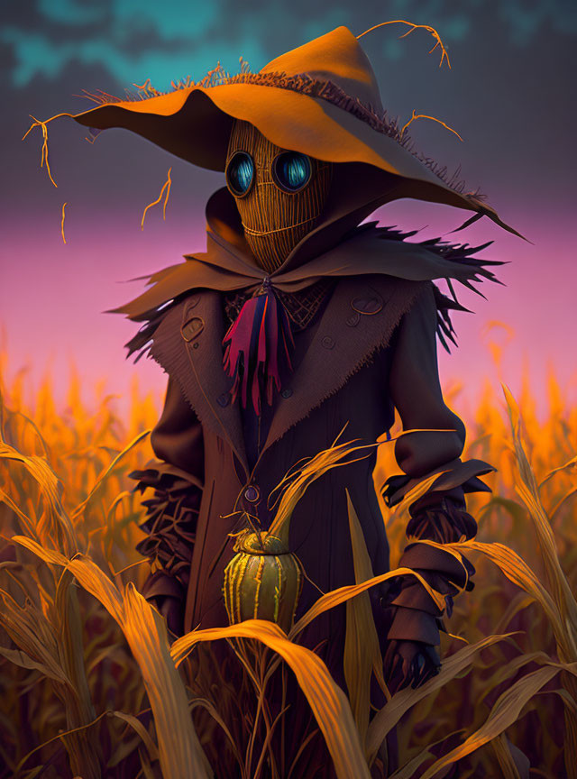 Anthropomorphic scarecrow with glowing blue eyes in wheat field at twilight