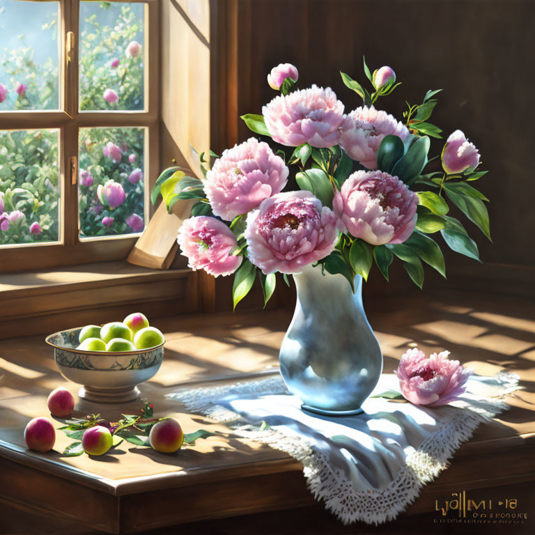 Pink peonies, limes, and radishes on lace-draped table in sunlight