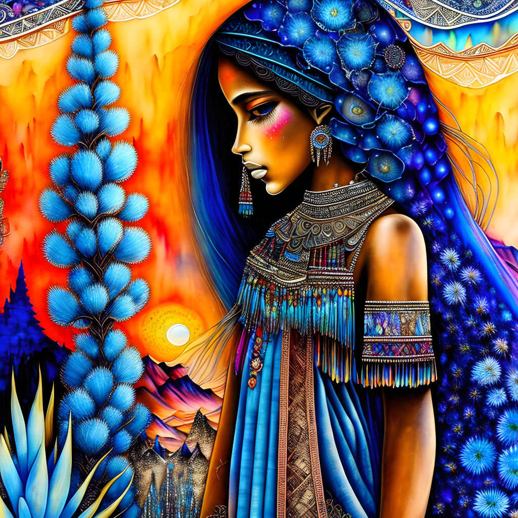 Colorful Stylized Woman in Traditional Attire Against Fiery Floral Backdrop