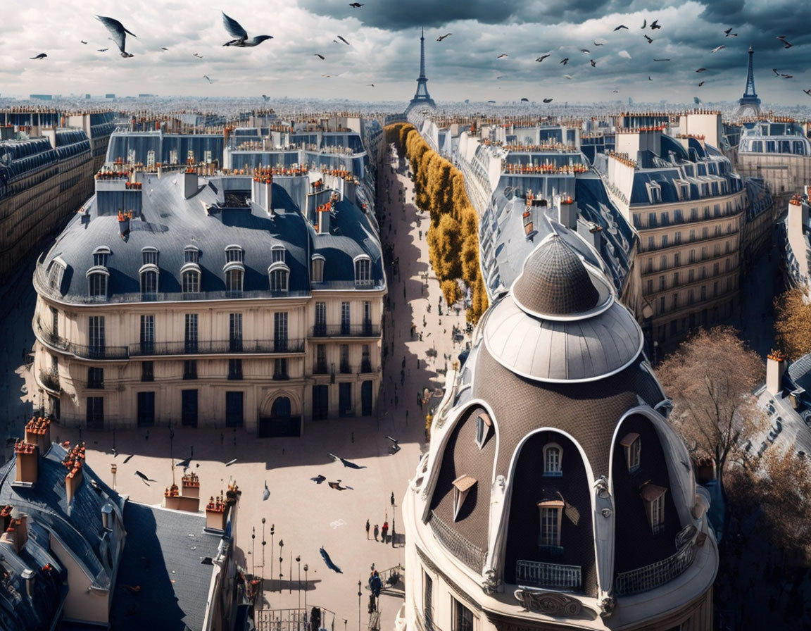 Iconic Paris skyline with Eiffel Tower and birds under cloudy sky