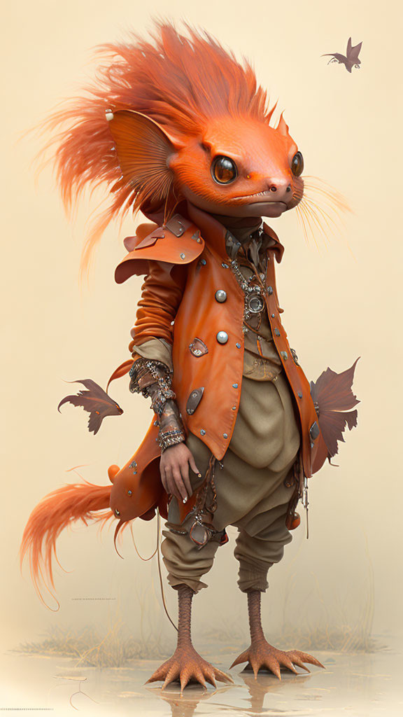 Orange anthropomorphic creature in steampunk attire with fluffy ears