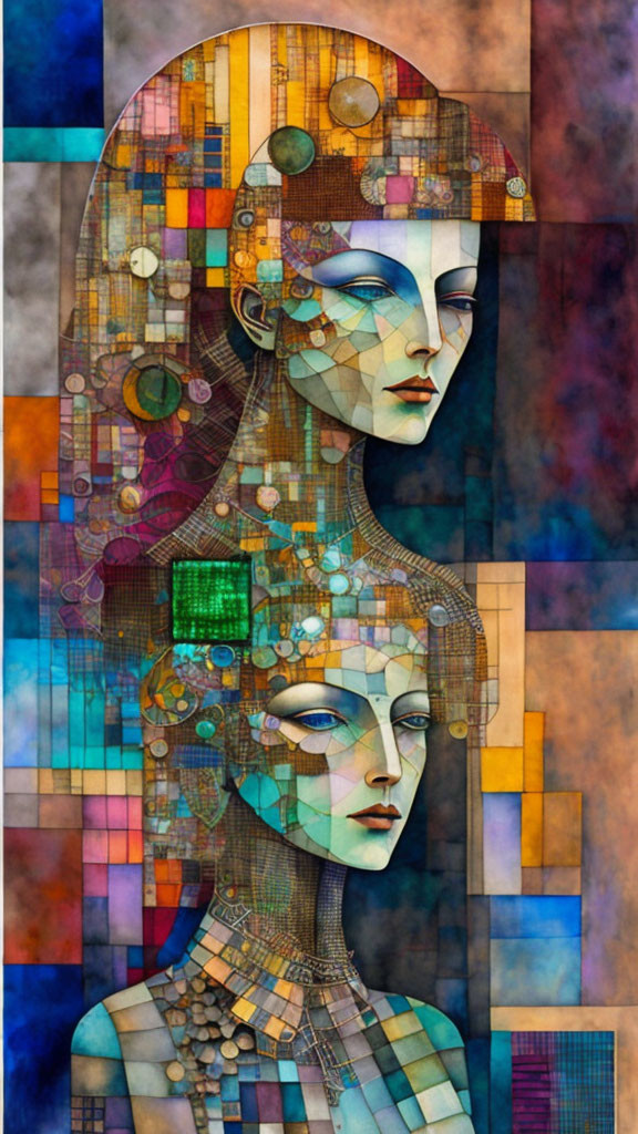 Multicolored mosaic artwork: Two overlapping female faces with geometric patterns