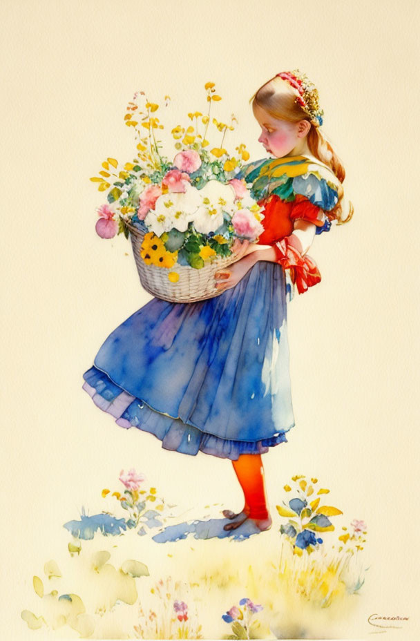 Young girl in blue dress with red tights holding flower basket & wearing floral wreath