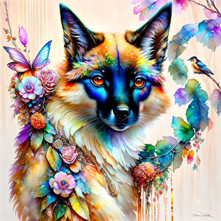 Colorful fox illustration with flora and fauna in dreamy style