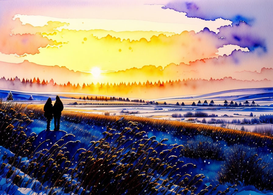 Silhouetted figures in tall grass at sunset over snow-covered landscape