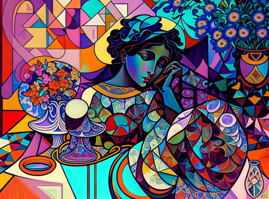 Colorful Cubist-Style Painting of Woman with Flowers