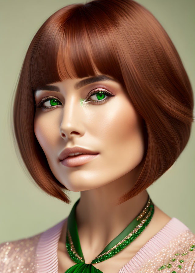 3D render of woman with bob haircut, green eyes, sparkling makeup, glittery outfit, green