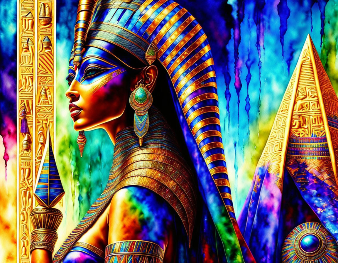 Vibrant Egyptian queen art with pyramids and psychedelic motifs