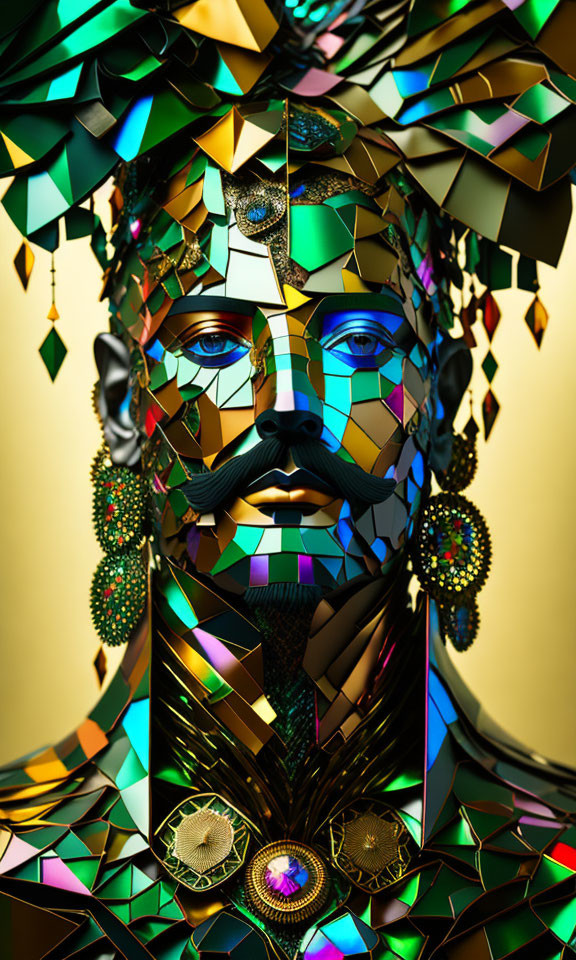 Colorful digital artwork: person with mosaic headdress, geometric face patterns, ornate jewelry.