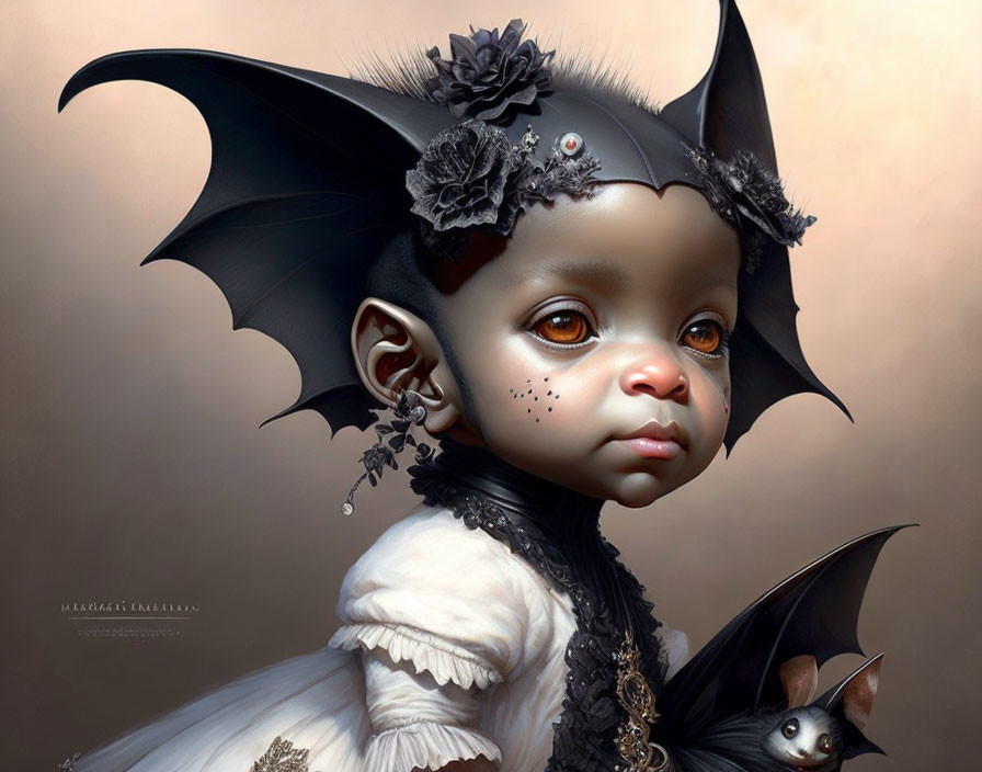 Child with bat-like wings in Gothic attire and tiny winged creature.