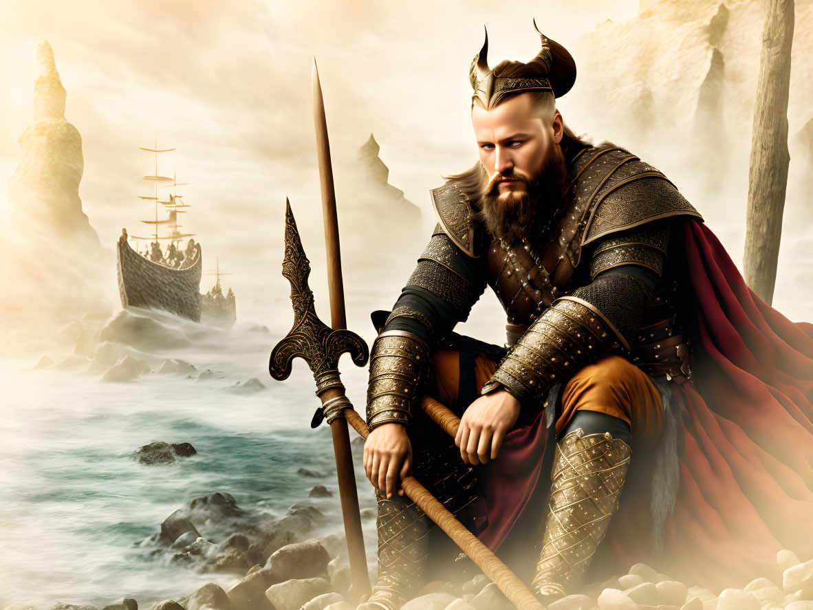 Majestic Viking warrior with spear on misty shore.