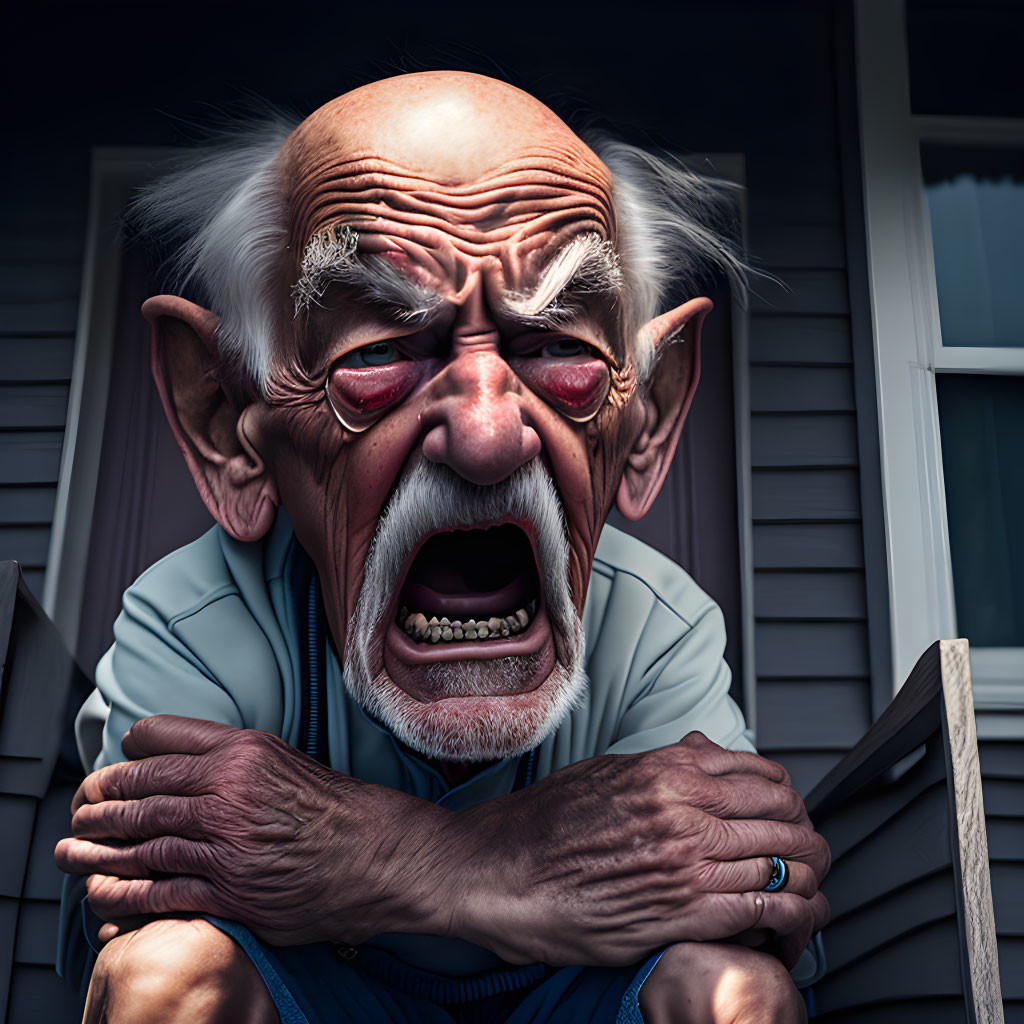 Elderly animated man with scowling expression and cane