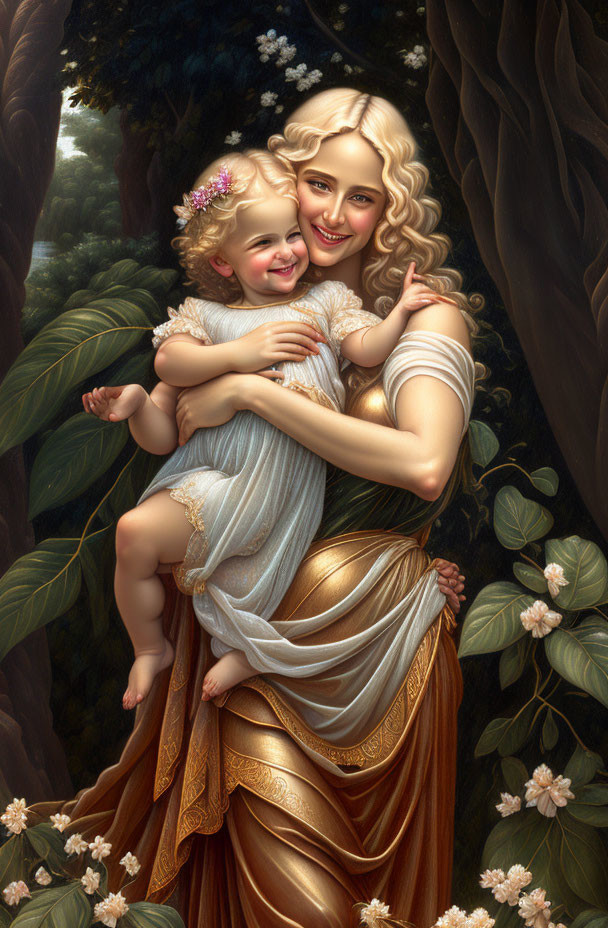 Smiling woman in golden dress with laughing child in blooming forest