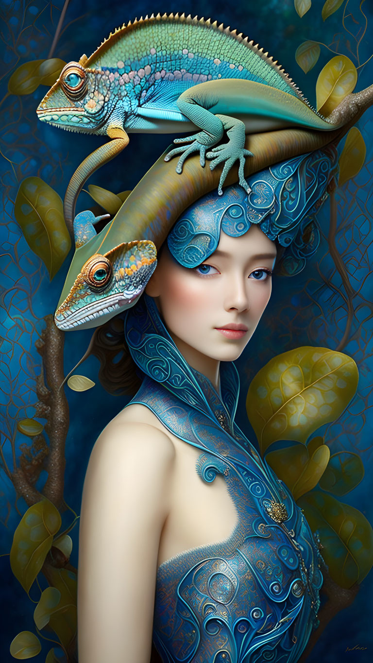 Blue-themed woman with chameleons in intricate digital artwork