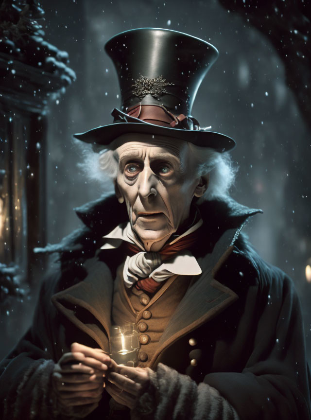 Elderly man in Victorian attire with candle in falling snow