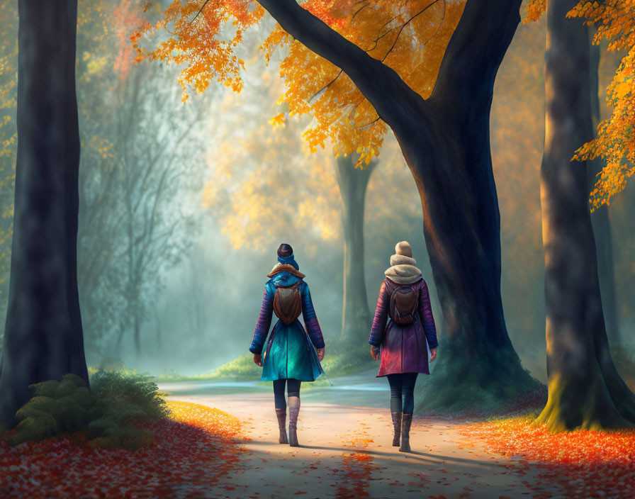 Autumn pathway with two people walking in foggy weather