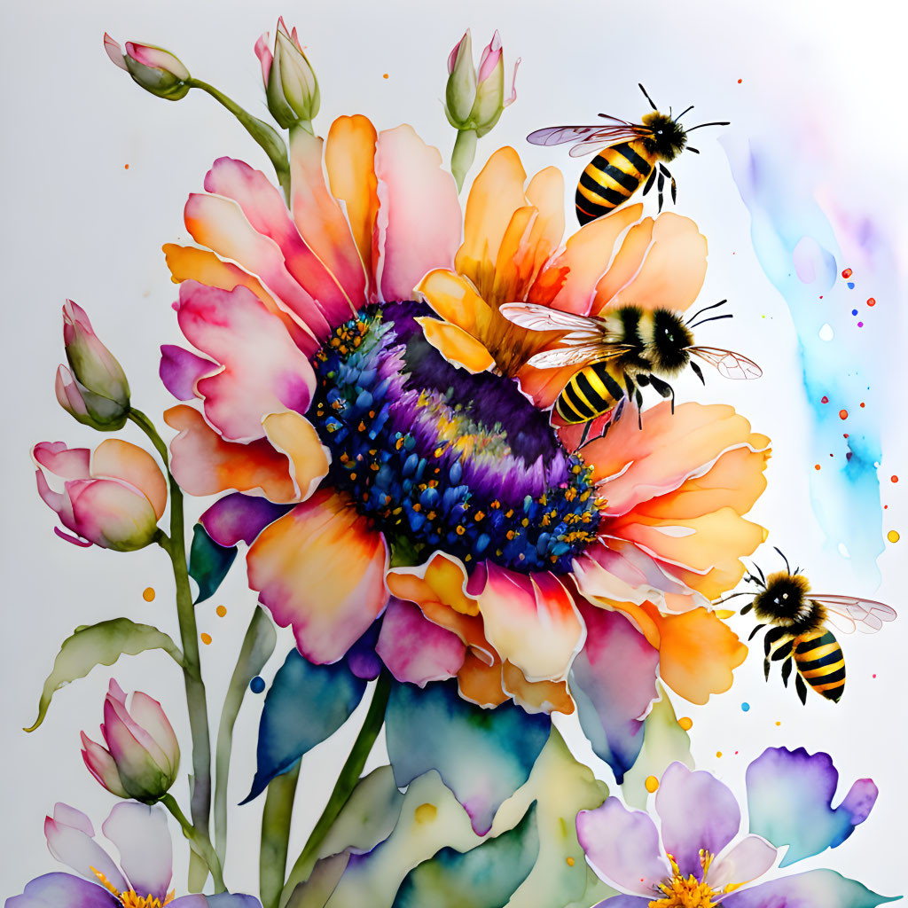 Colorful Watercolor Painting of Large Flower and Bees