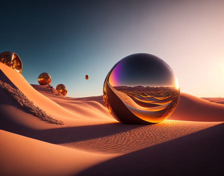 Sunset desert landscape with reflective spheres on dunes