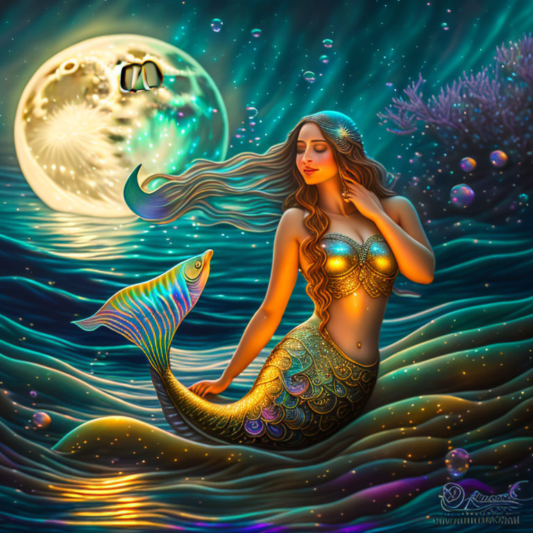 Mermaid with Glowing Fins and Hair in Moonlit Sea