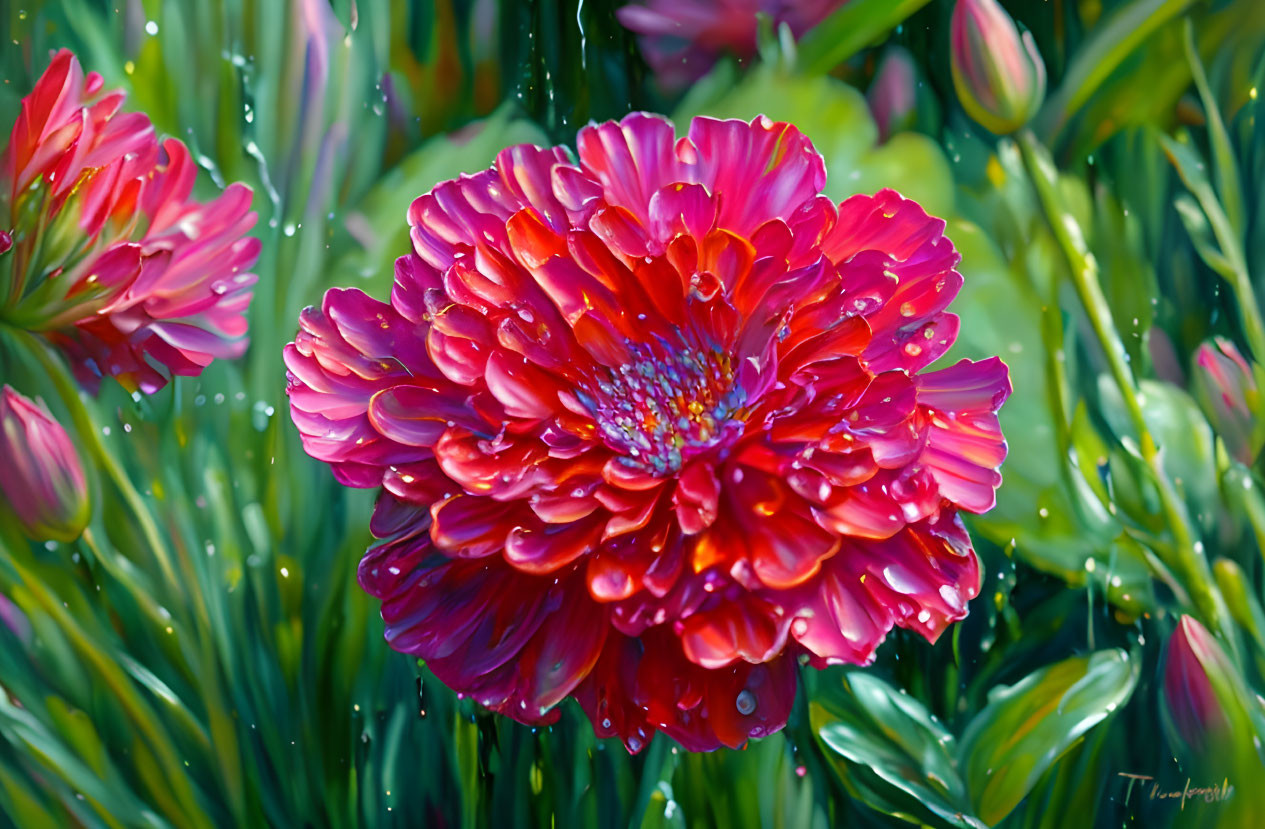 Vibrant red flower with dew droplets in a nature scene.