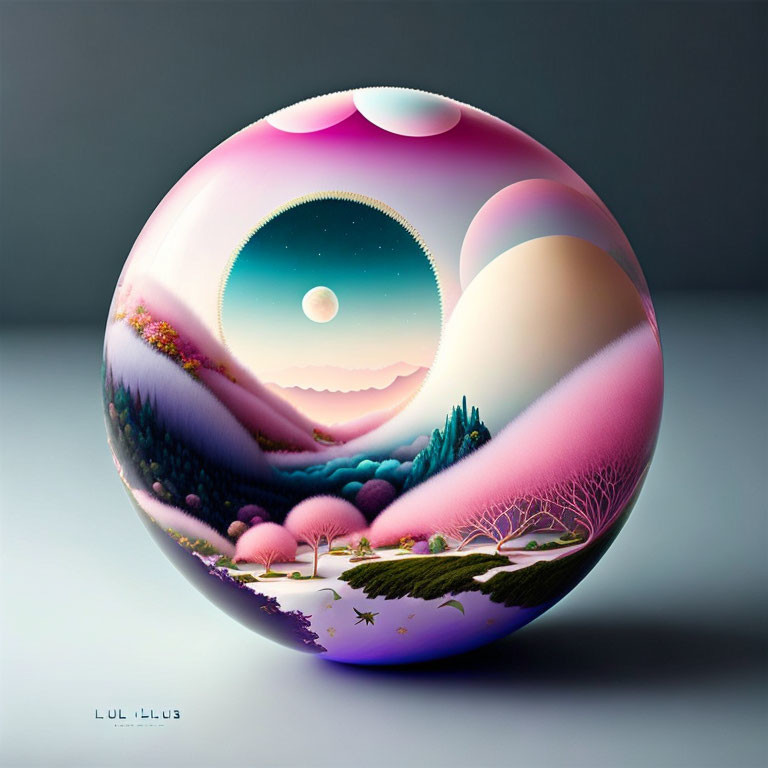 Vibrant circular landscape illustration with surreal elements