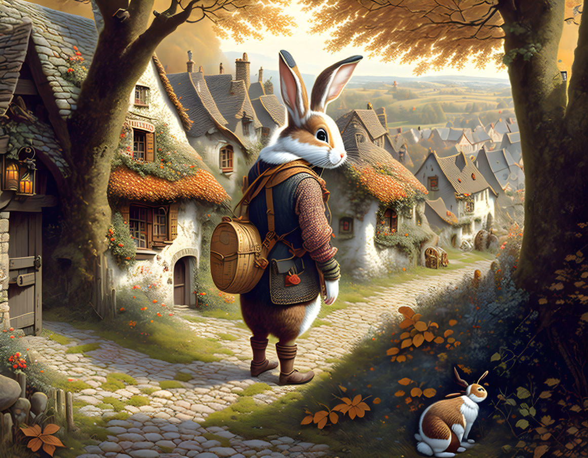 Whimsical rabbit with a backpack strolling in quaint village