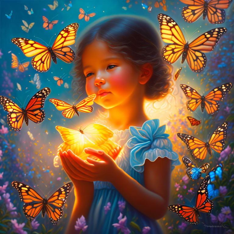 Young girl in blue dress with glowing butterflies in vibrant garden