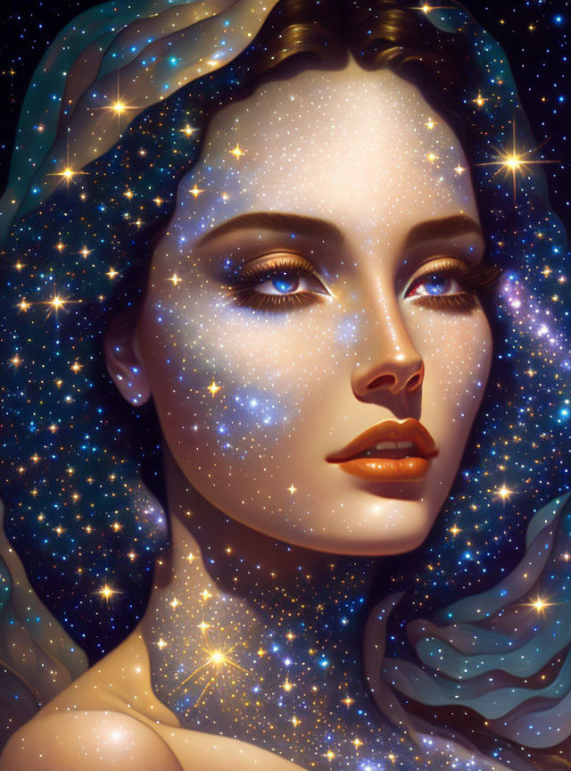 Portrait of woman with cosmic features and starry adornments against deep space backdrop