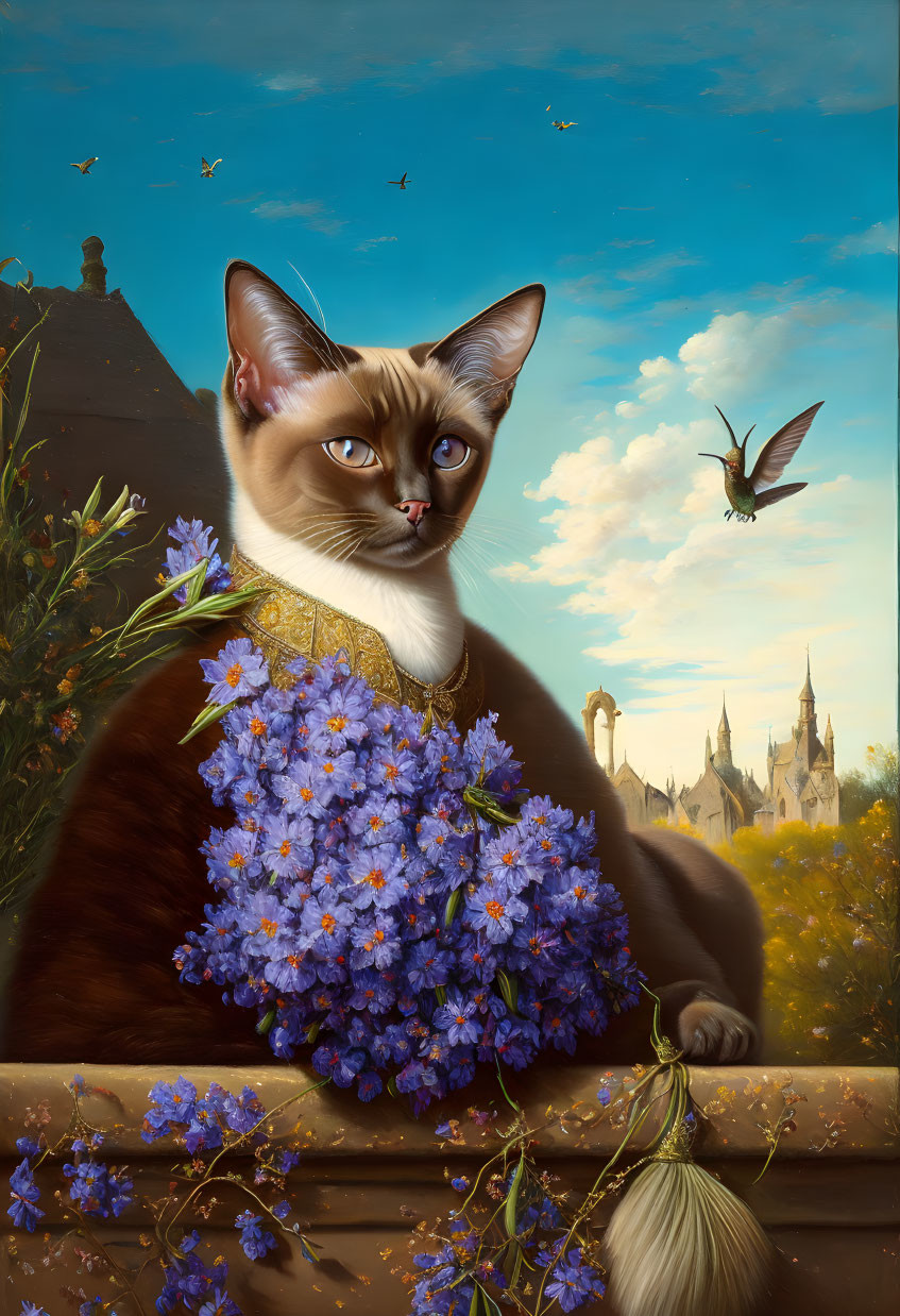 Siamese cat with blue eyes in golden lace collar amid fantasy landscape