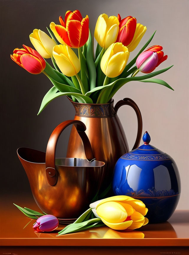 Copper vase, tulips, pot, and jar on reflective surface