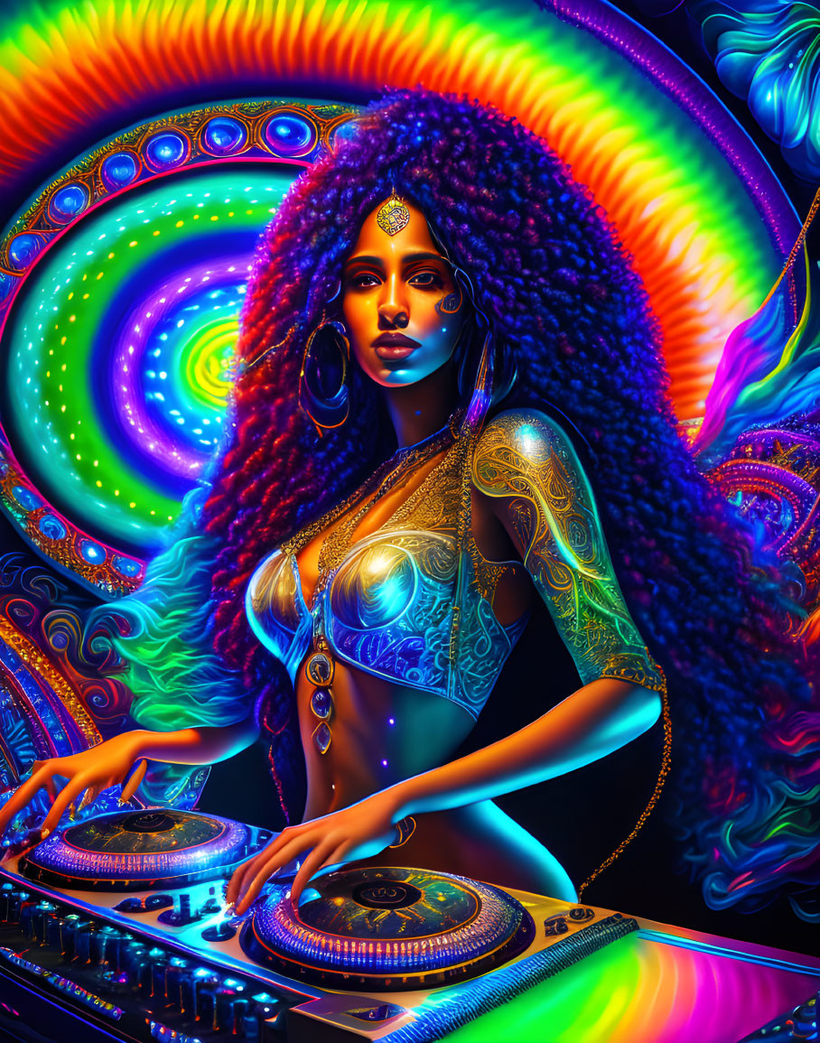 Colorful digital artwork: Woman with wavy hair DJing in psychedelic setting