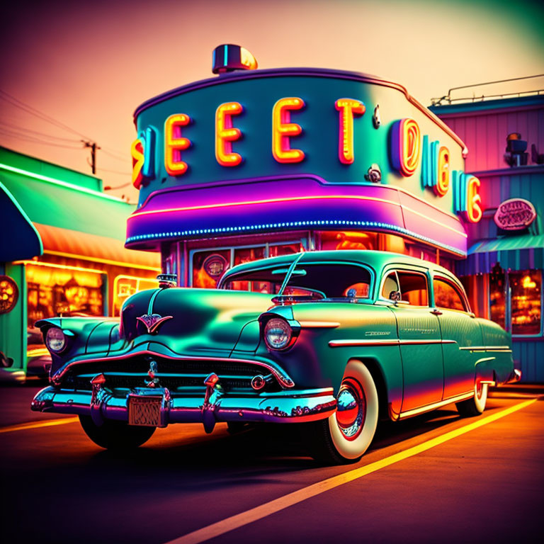 Classic teal car parked at colorful retro diner with neon lights