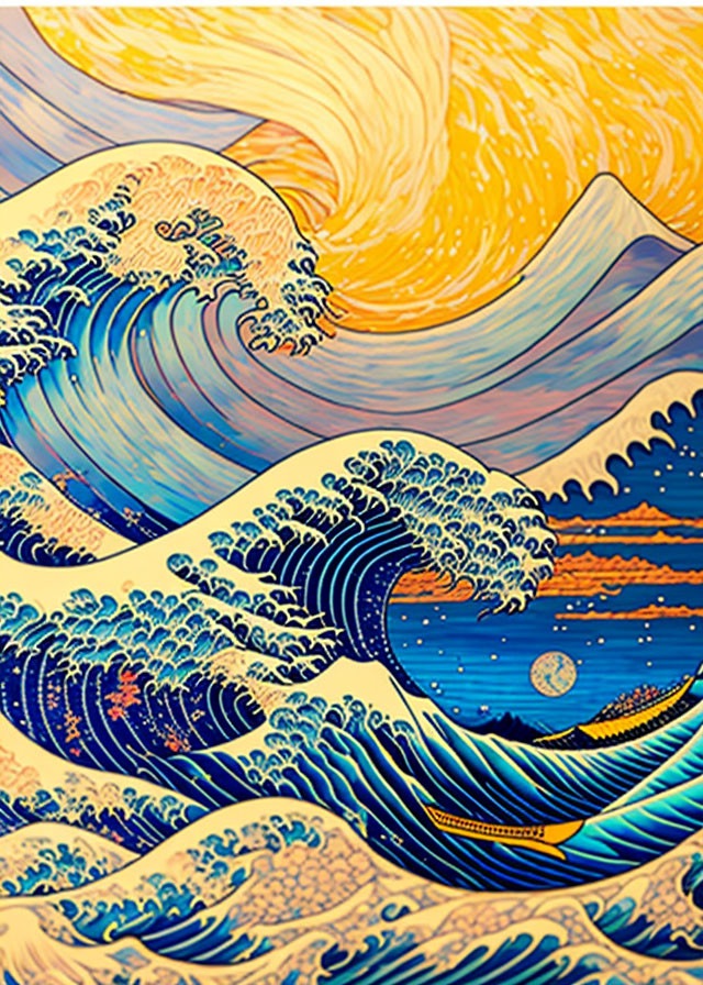 Colorful artwork: Stylized waves, swirling sun, tranquil seascape