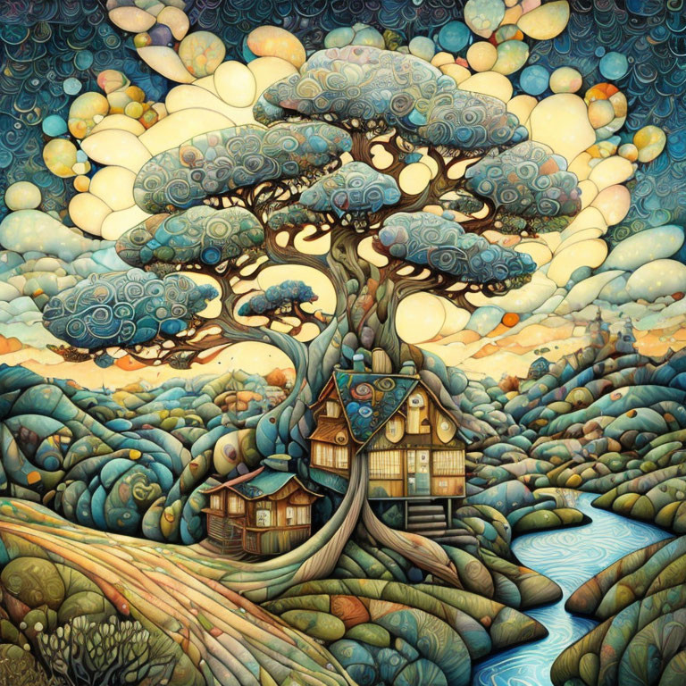 Detailed whimsical tree illustration with wooden house and rolling hills