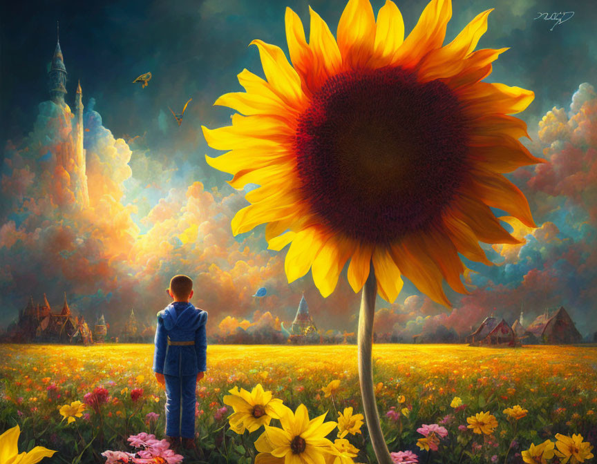 Child in Blue Coat Admiring Giant Sunflower in Magical Landscape