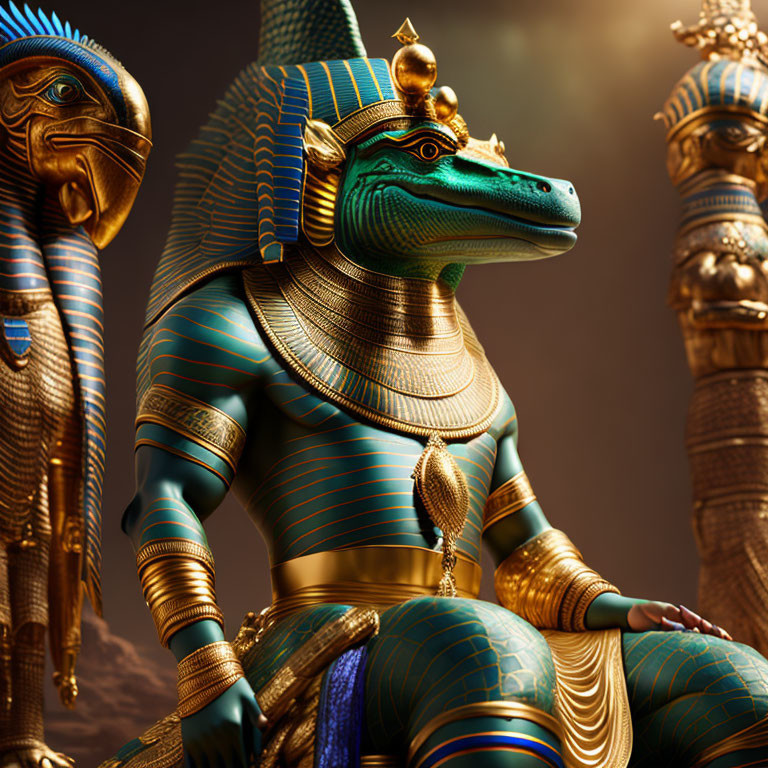 Egyptian-inspired artwork: Crocodile-headed figure in regal attire