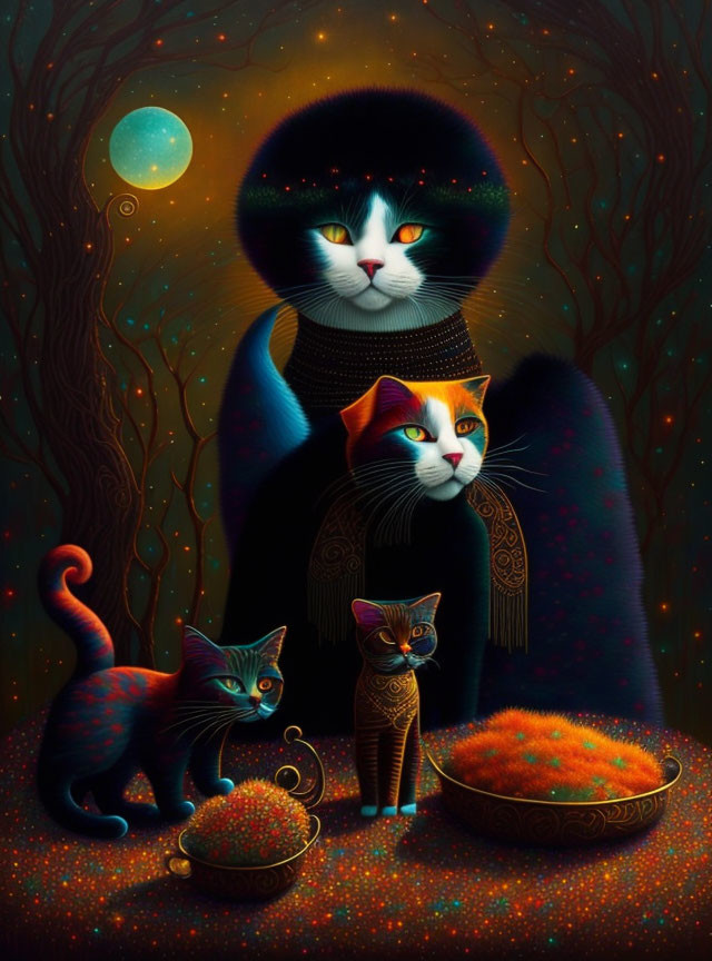 Stylized cats under moonlit sky with mystical orbs and foliage