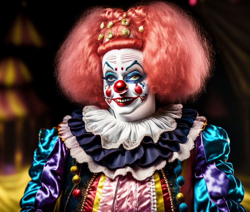 Vibrant Clown with Pink Wig, White Face Paint & Multicolored Costume