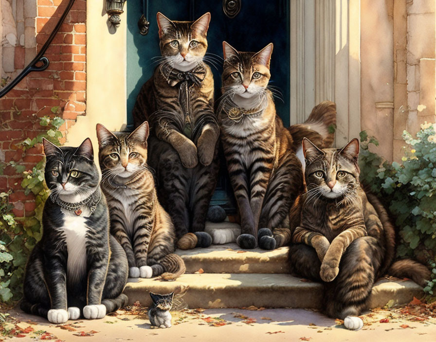 Six cats on autumn doorstep with foliage backdrop