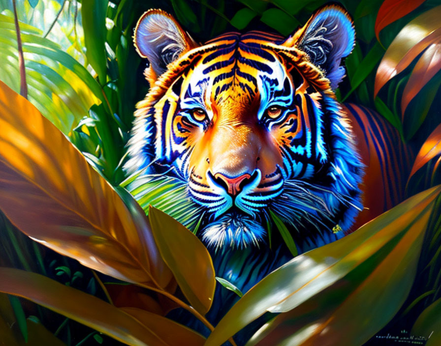 Colorful Tiger Face Painting in Lush Green Foliage