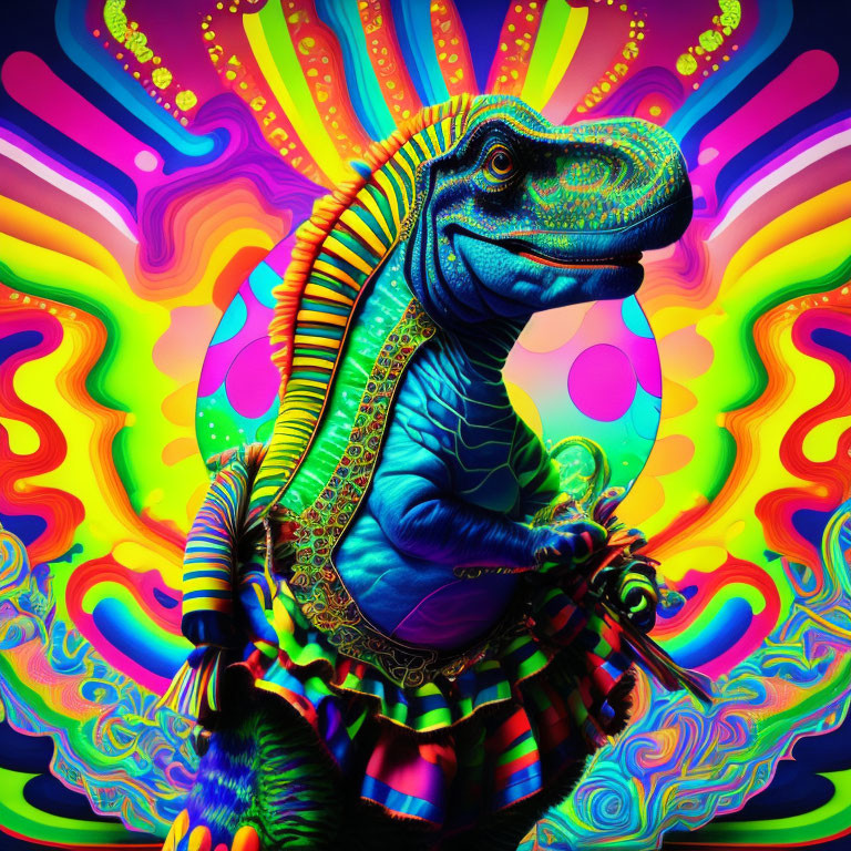 Colorful Psychedelic Blue Dinosaur Illustration