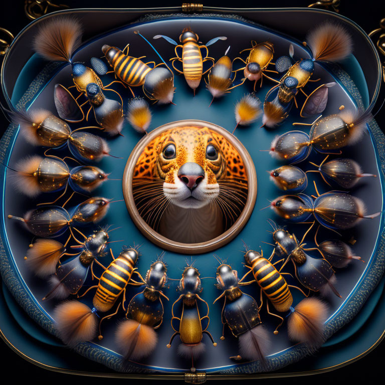 Surreal artwork: Cat's face with cockroaches and bees on dark background