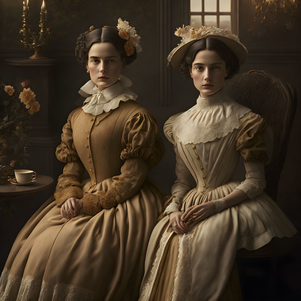 Victorian women in dimly lit room with period decor