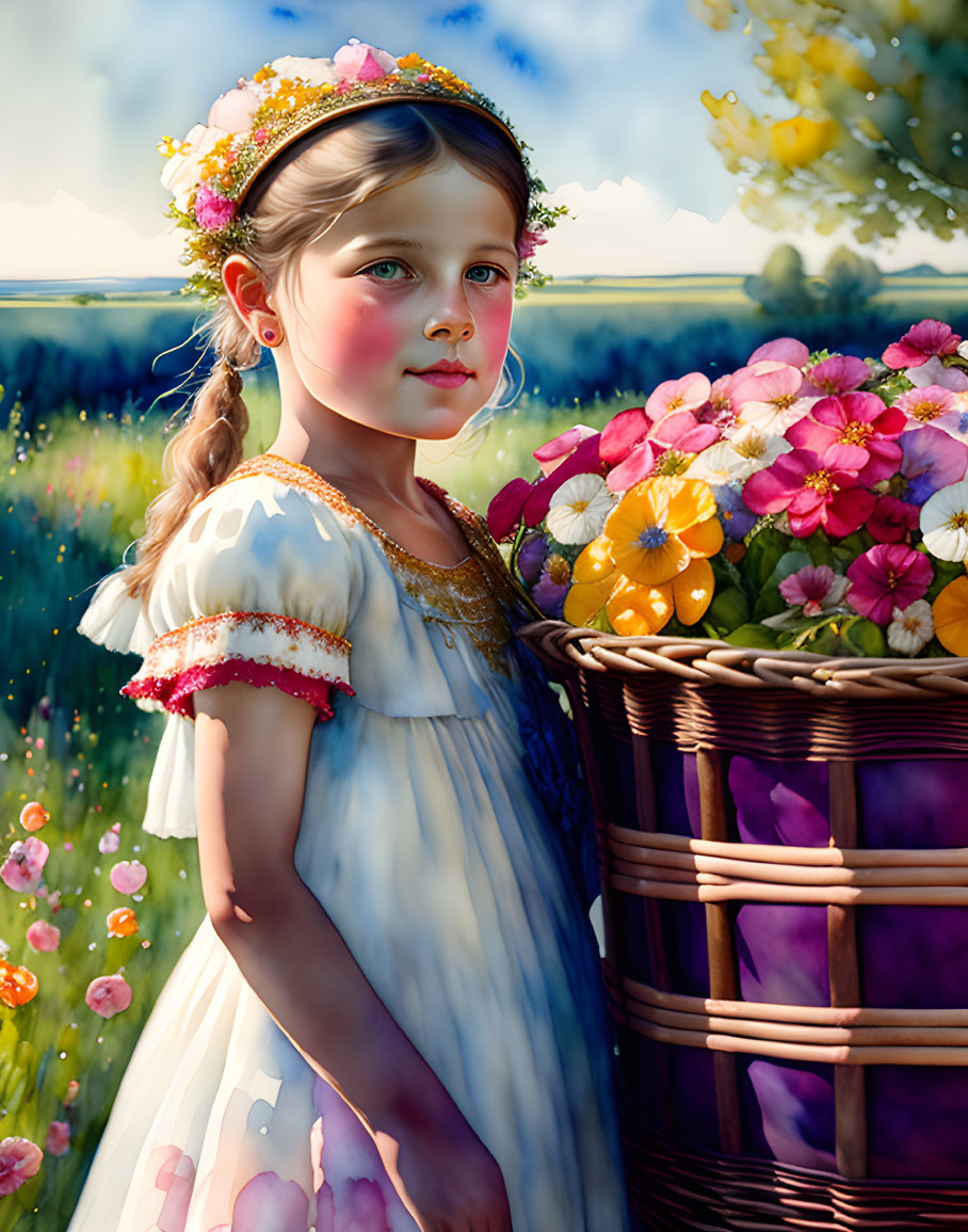 Young girl in flower crown and white dress with basket of flowers in sunny meadow