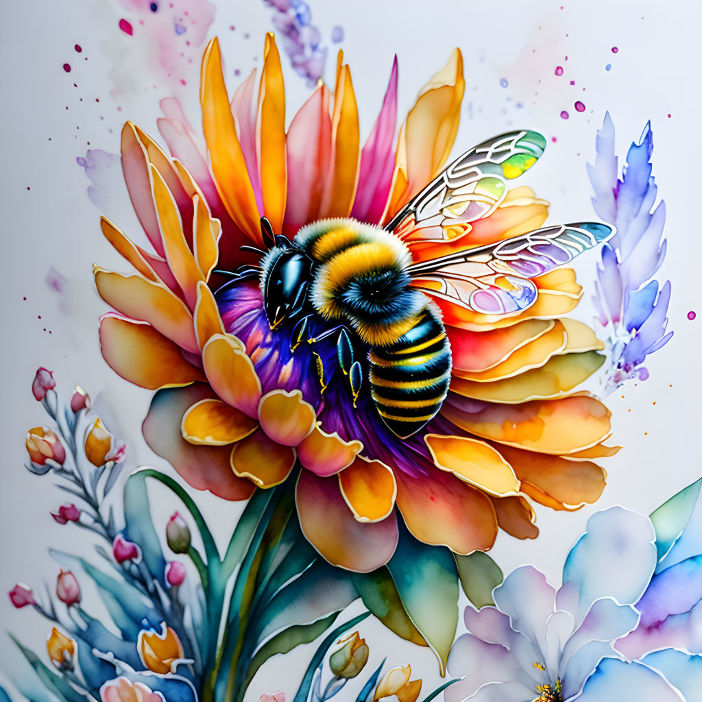 Colorful Bee Illustration on Flower Bouquet with Delicate Wings