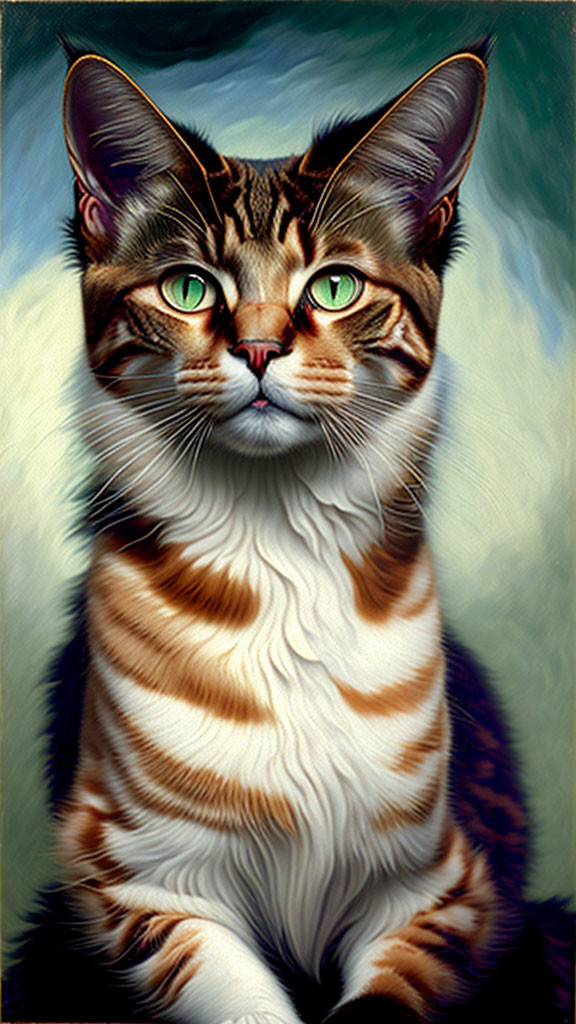 Detailed Tabby Cat Illustration with Green Eyes & Whiskers