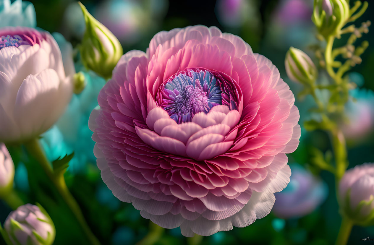 Close-up of Vibrant Pink Ranunculus Flower with Layered Petals