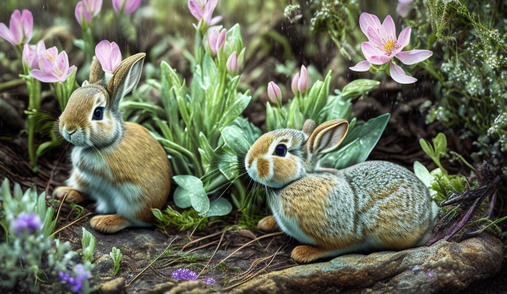 Rabbits in pink flower garden with rain droplets