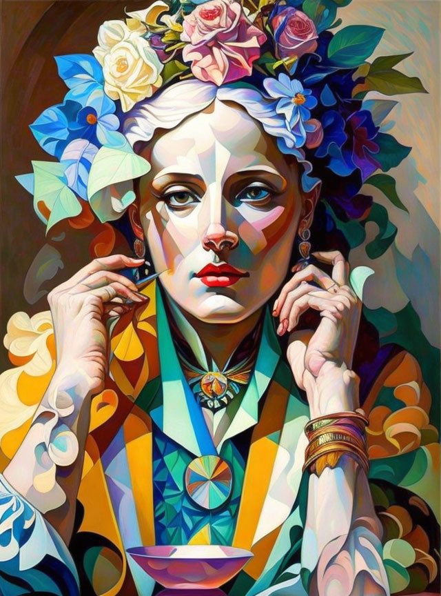 Colorful Stylized Portrait of Woman with Floral Hair and Geometric Patterns