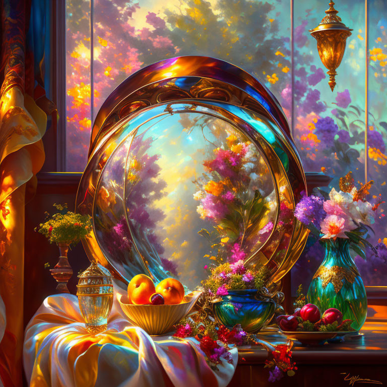 Colorful still life painting with mirror, fruit, flowers, and lamp against sunrise/sunset.